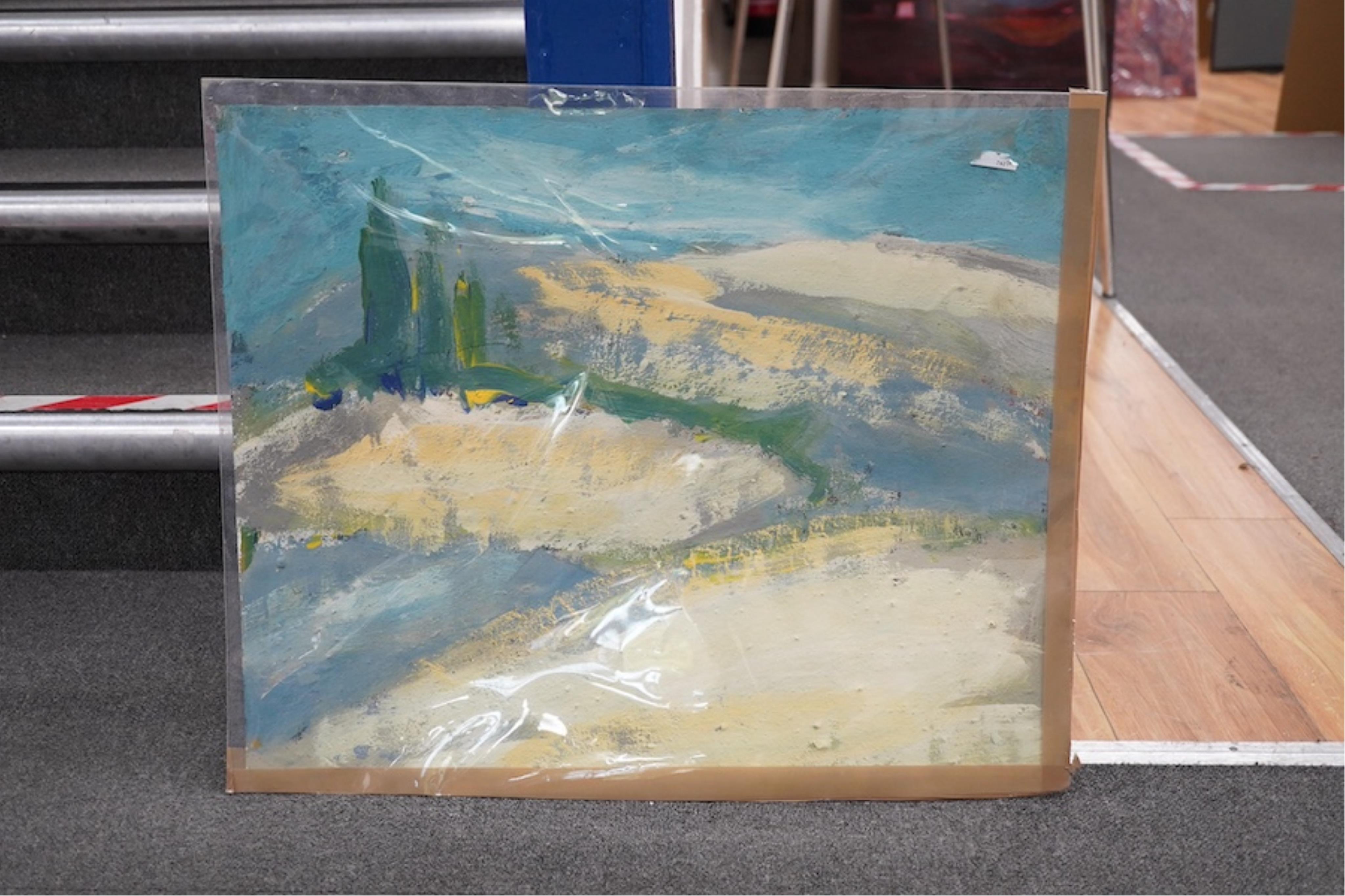 In the style of Armando (1929-2018), oil on card, Mediterranean Landscape, inscribed and numbered 7/58 verso, unframed, 49 x 57cm. Condition - good